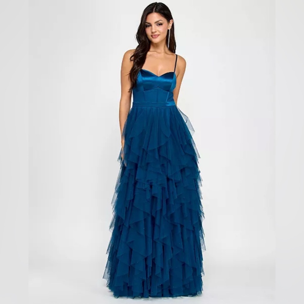 City Studios Juniors' Sweetheart-Neck Ruffled Cascade Blue Gown